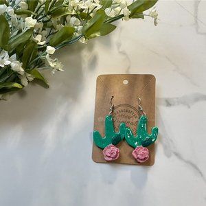 Handcrafted Cactus w/ pink flower earrings